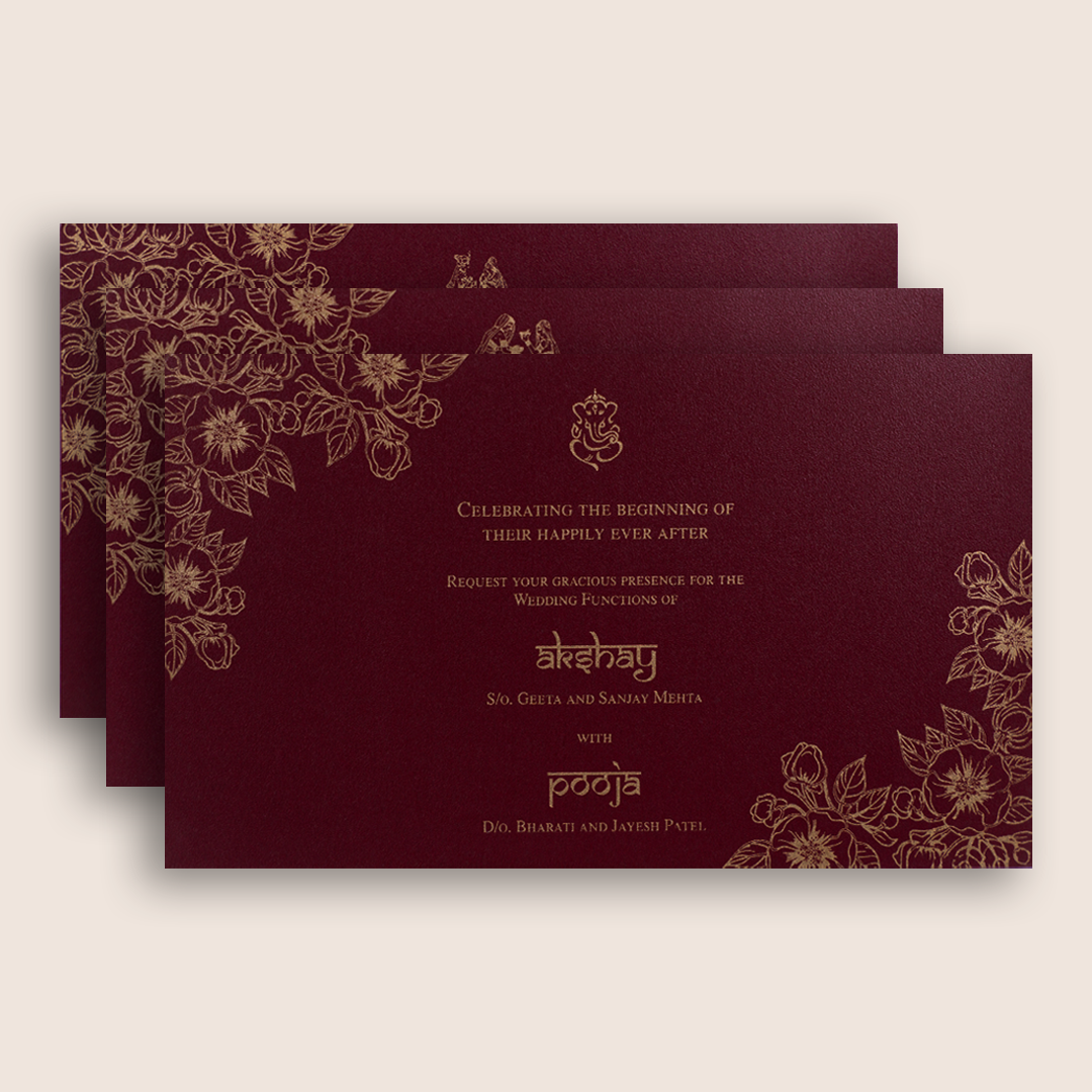 Dark Pink Embossed Floral Padded Wedding Card - KPR024570