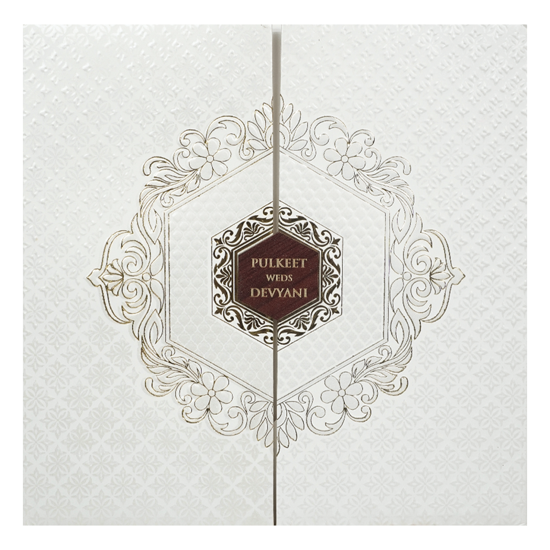White Floral Hexagon Padded Wedding Card-KJTS1857
