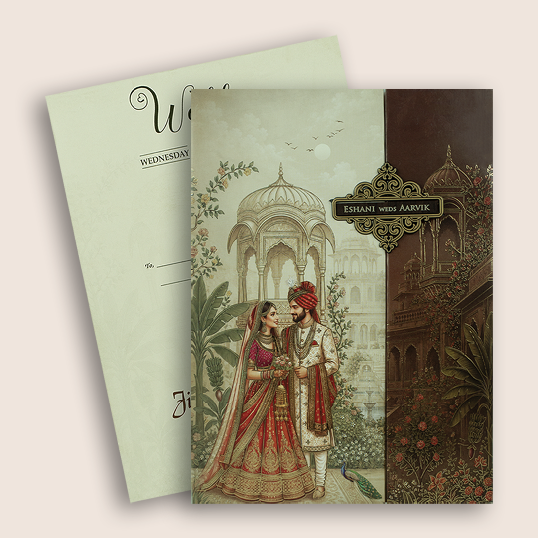 Beige Bride Groom Door Style Padded Wedding Card - KSH18830