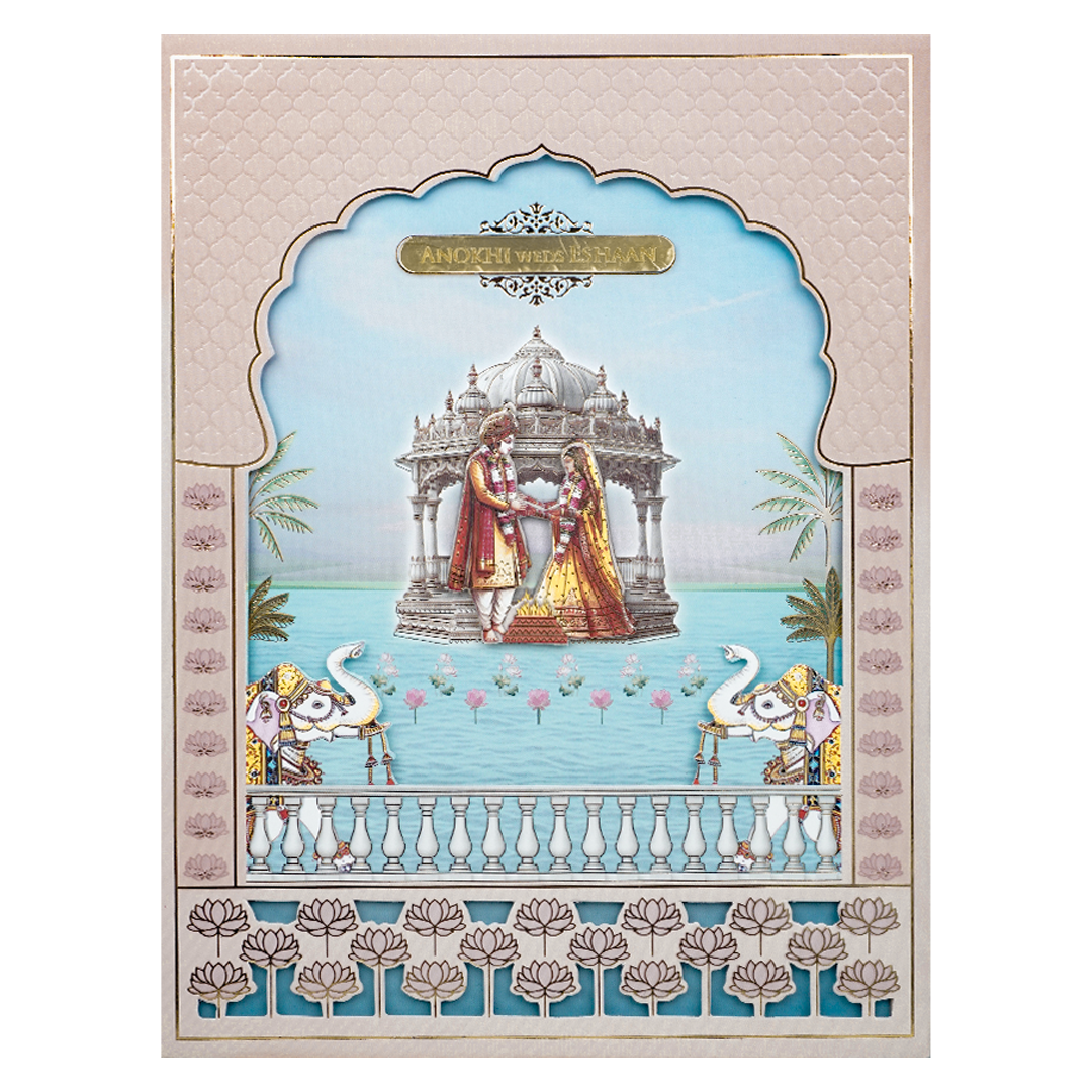 Pink Palace Laser Cut Padded Wedding Card-KJTS3689