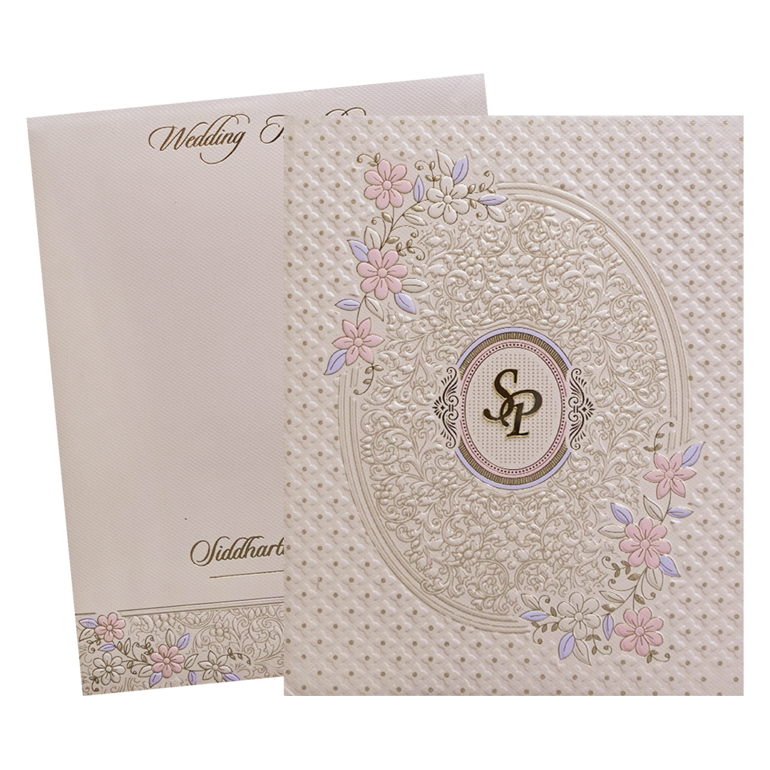 Pink Floral Embossed Padded Wedding Card - KMMWD1126