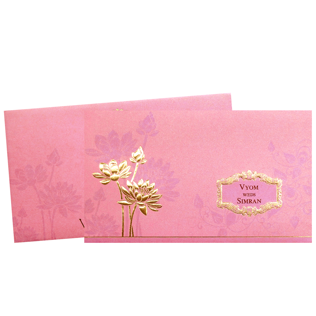 Pink Gold Embossed Flower Wedding Invitation Card-KPR06330