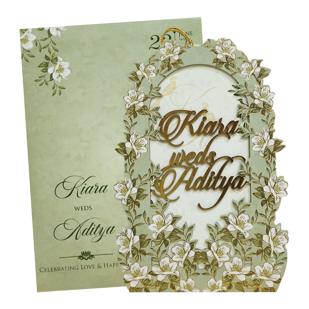 Green Floral Arch Laser-Cut Wedding Card - KFR16130