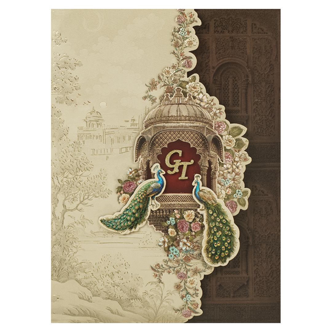 Brown Peacock Mandir Wedding Card-KSI64790