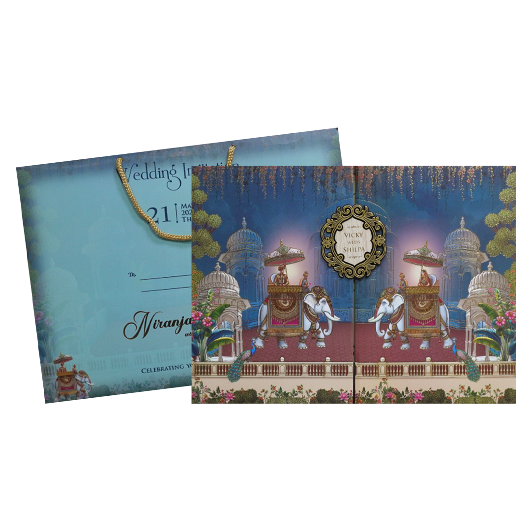 Blue Elephant Procession Padded Wedding Card - KSH72570