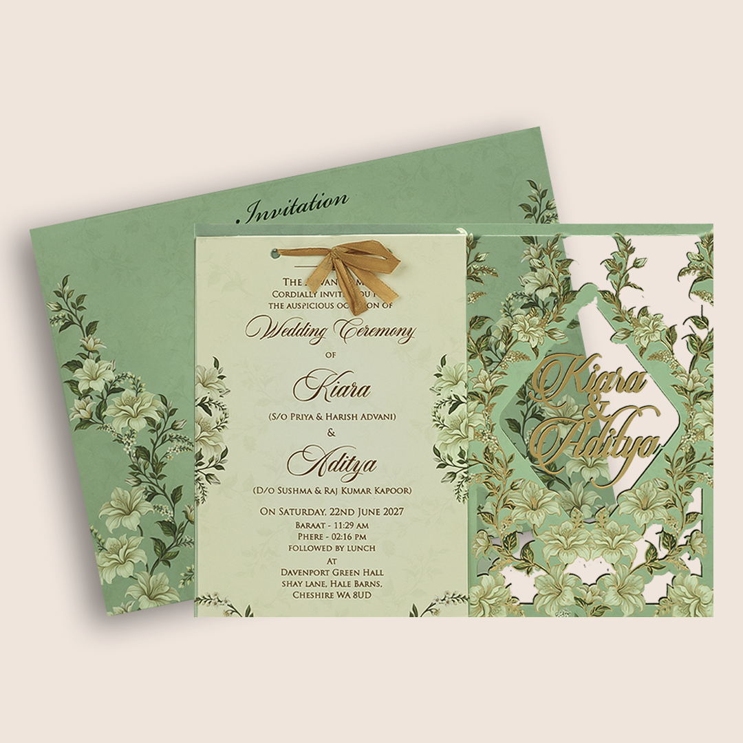 Mint Green Floral MDF Laser Cut Invitation Card - KFR17080