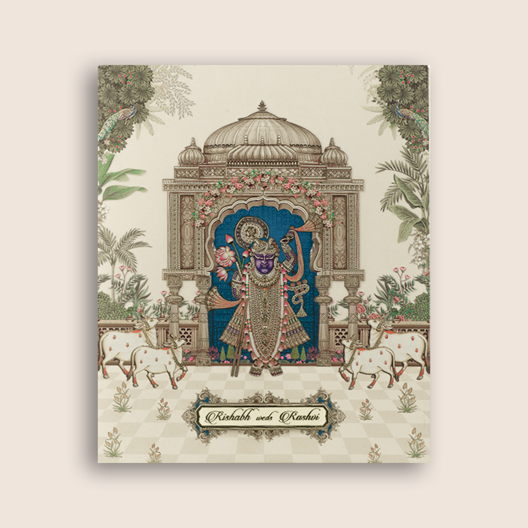 Cream Lord Shrinathji Premium Wedding Card - KAA05240