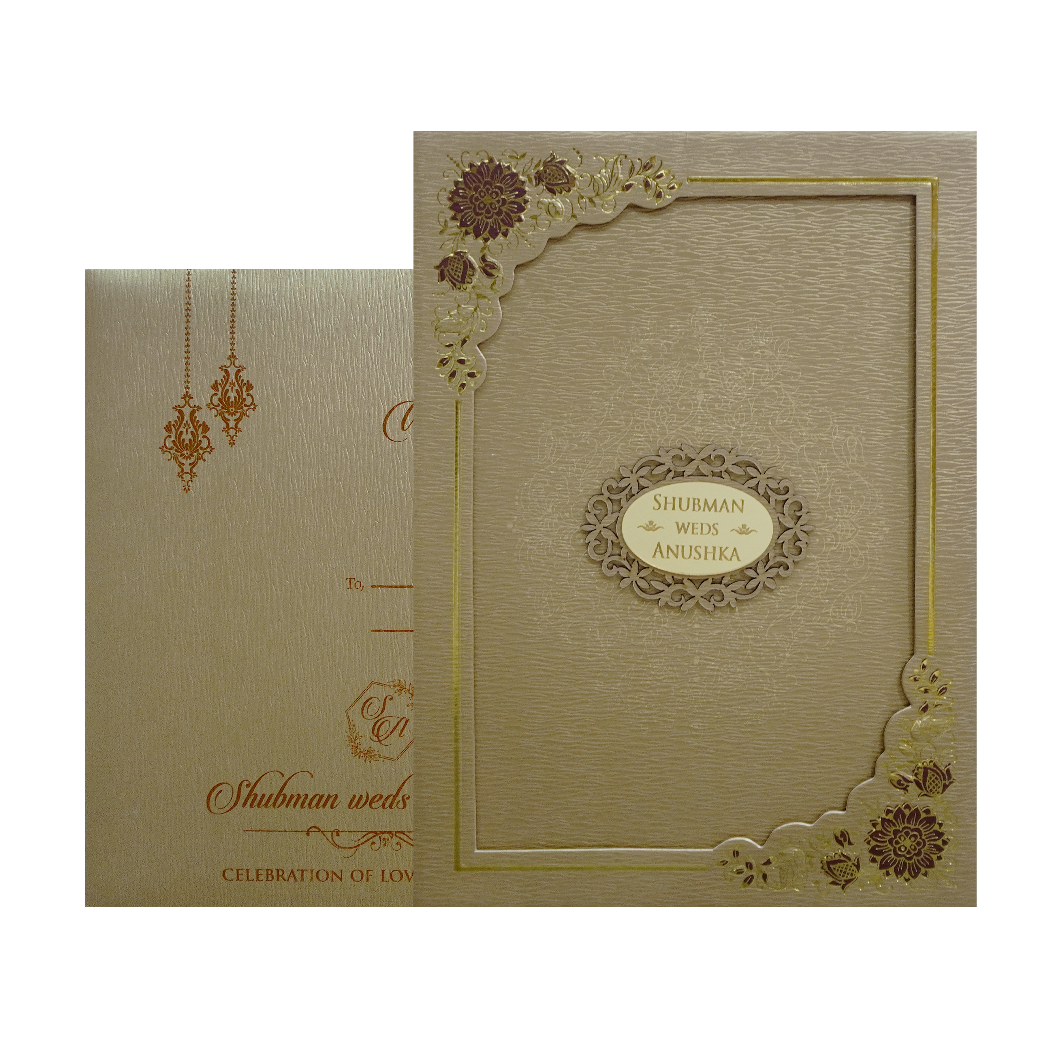 Gold Embossed Floral Padded Wedding Card-KRB09670