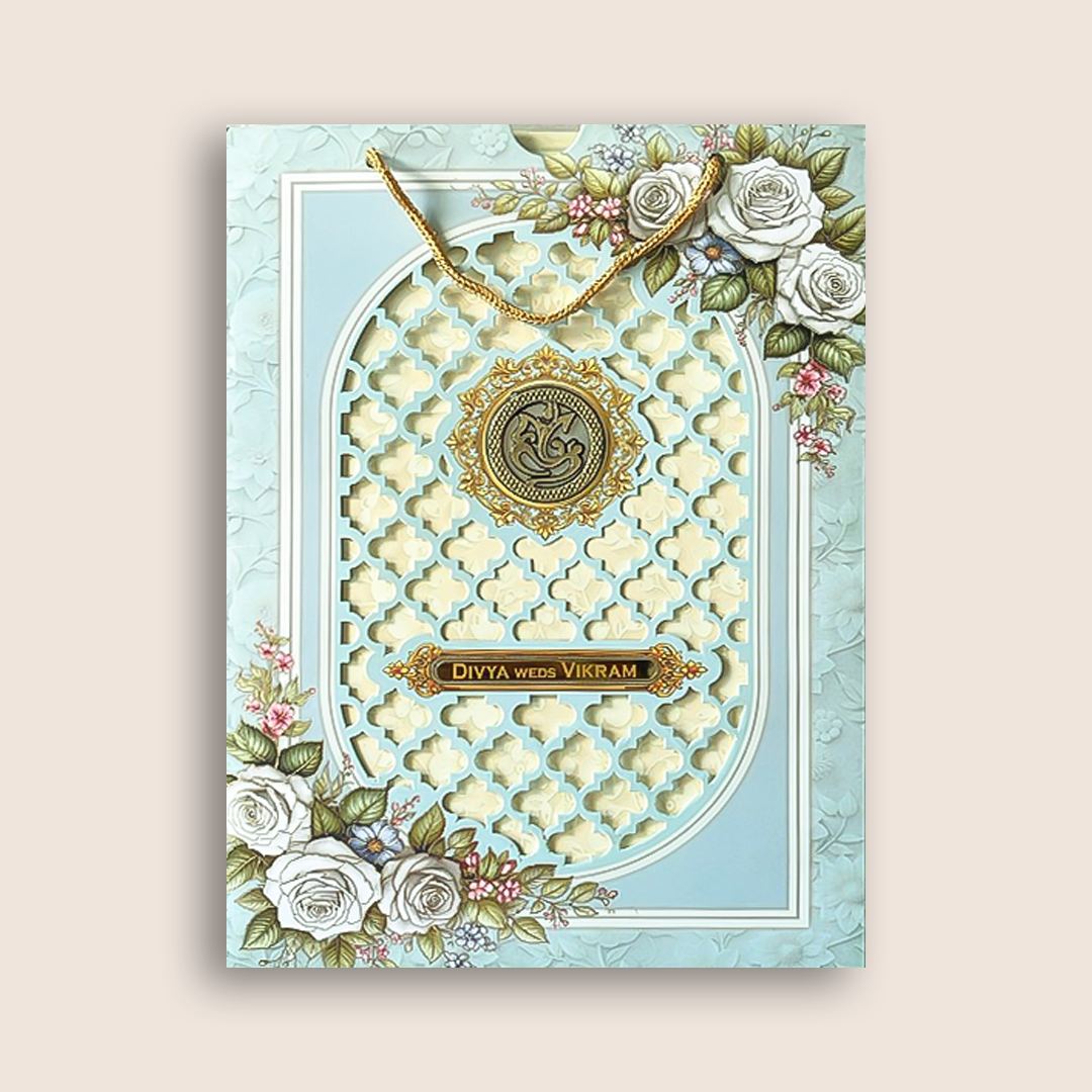 Pastel Blue Laser-Cut Floral Bag Style Wedding Card - KNAS3105