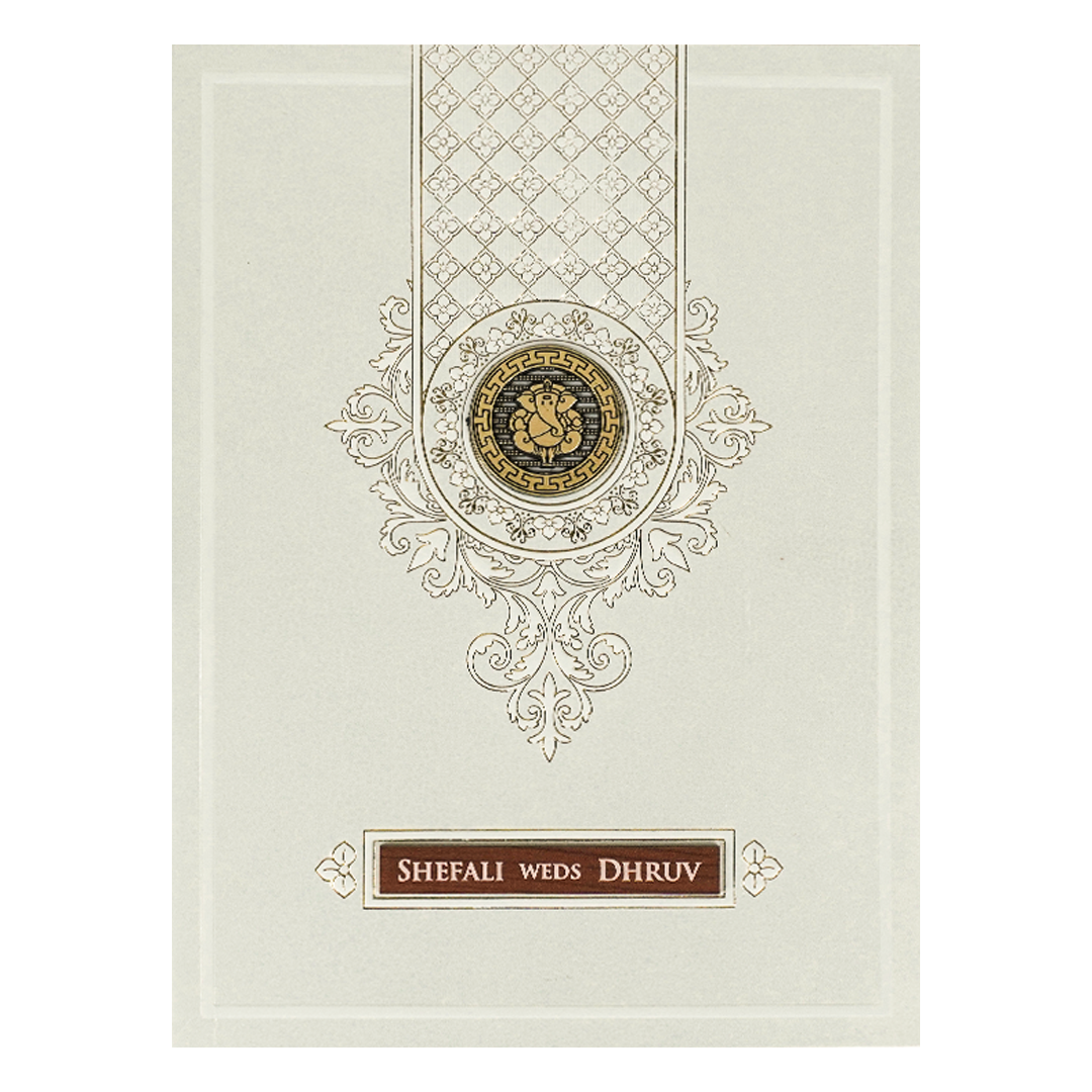 White Monogram Ganesha Embossed Wedding card-KRE28440