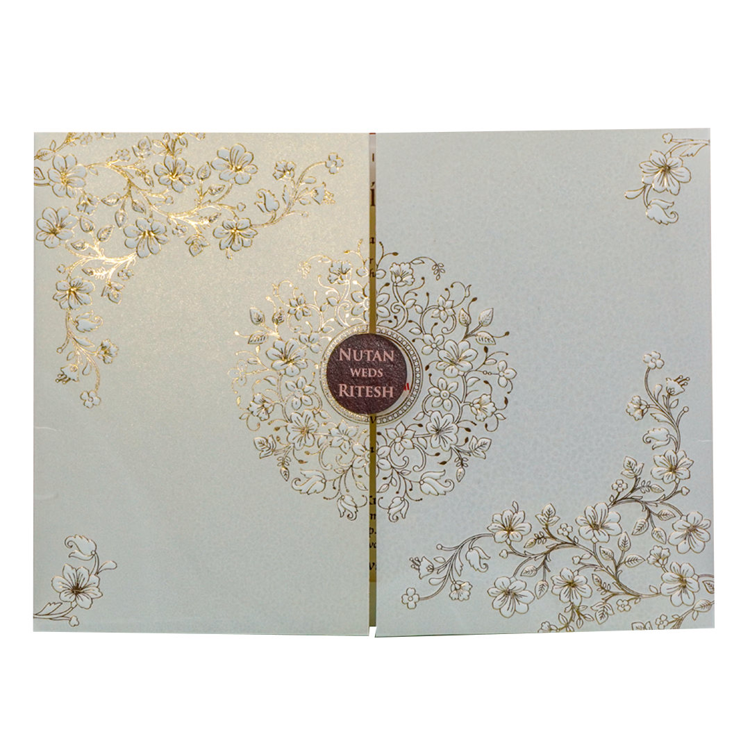 White Floral Embossed Padded Wedding Invitation - KRE28590