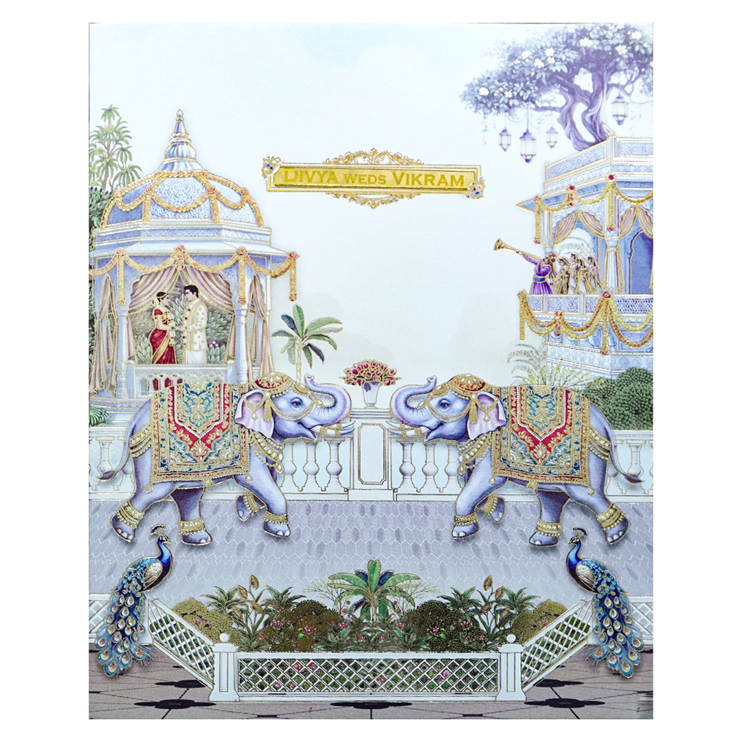 Blue Floral Elephant Wedding Card-KNKJ1160
