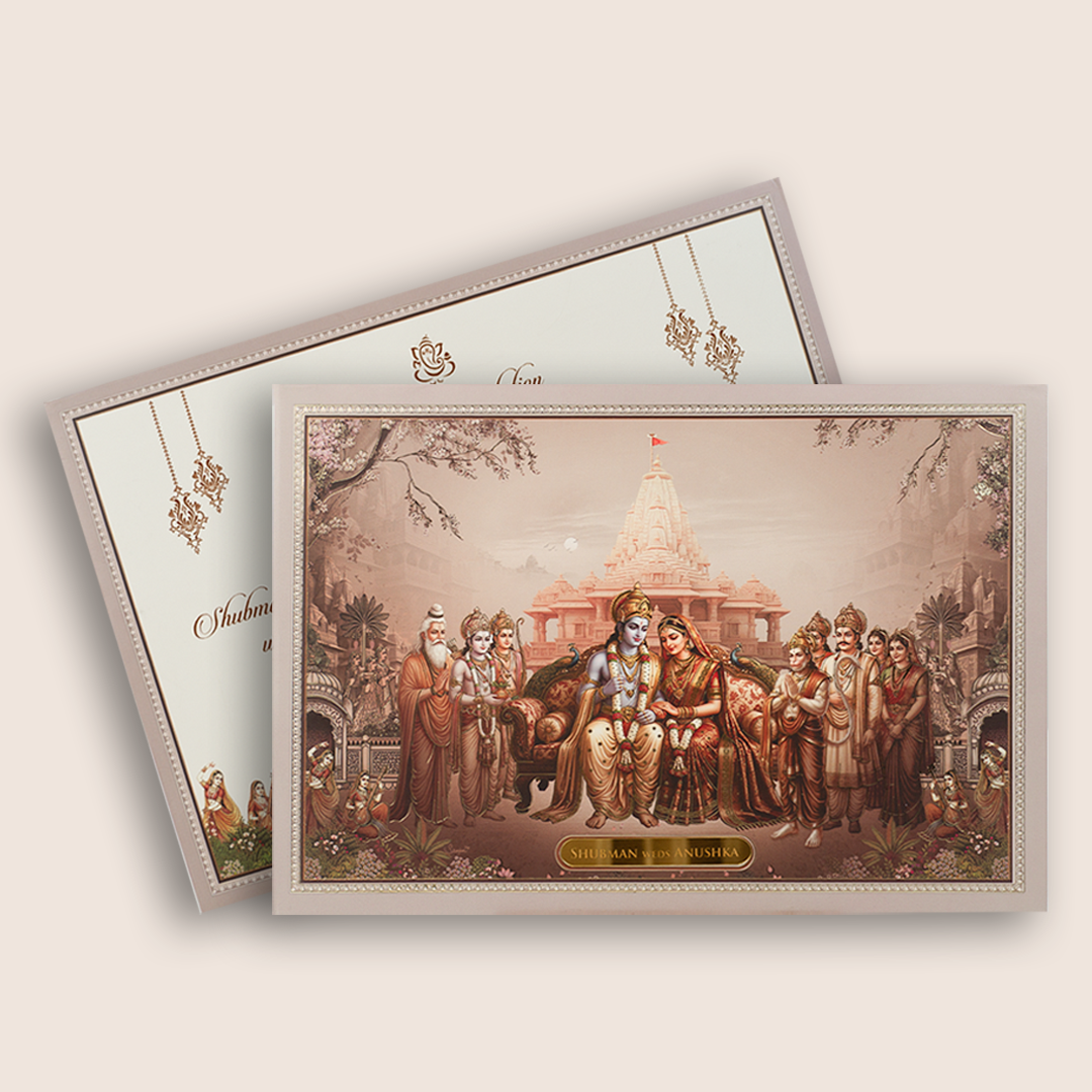 Warm Pink Lord Ram Sita Padded Wedding Card - KRB10750