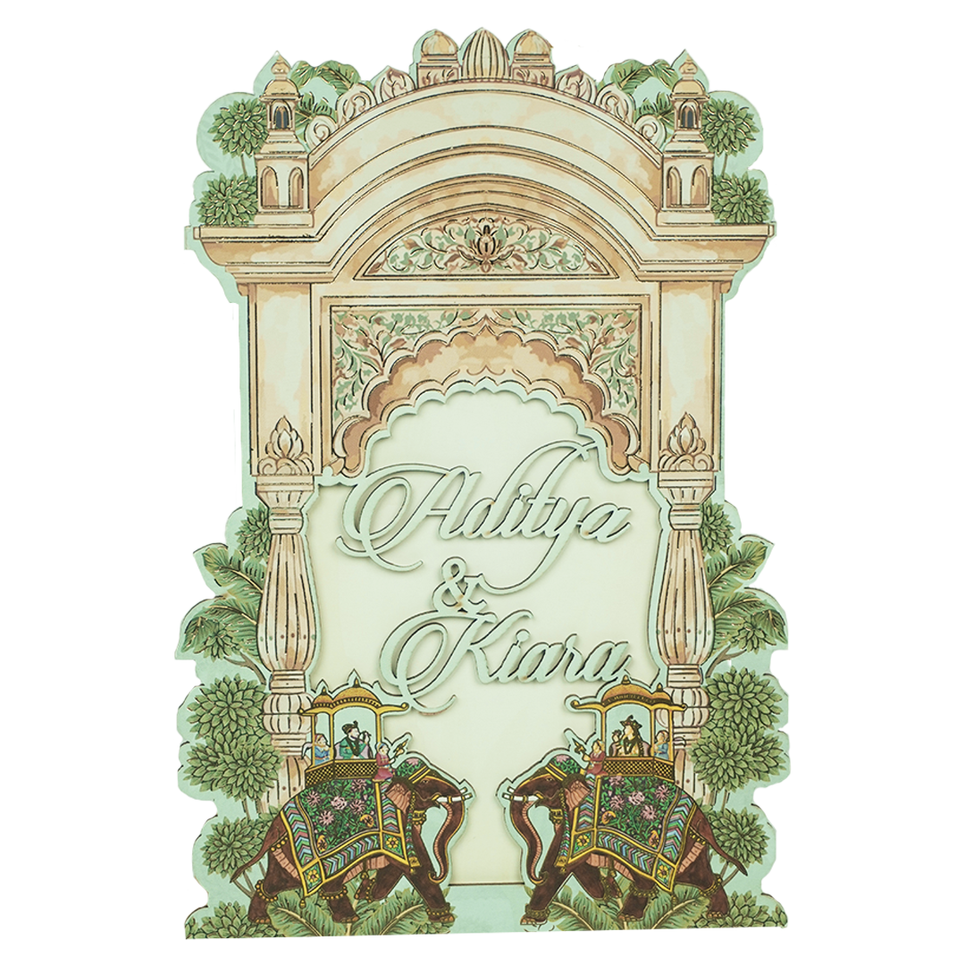 Mint Green Palace Elephant Laser Cut Wedding Card - KFR15130