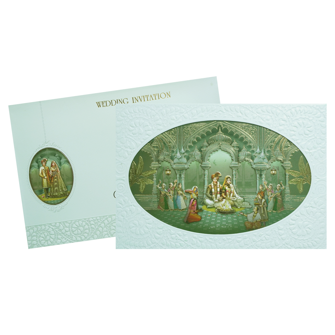 Green Bride & Groom Lasercut Palace Padded Wedding Card - KMMEX8100