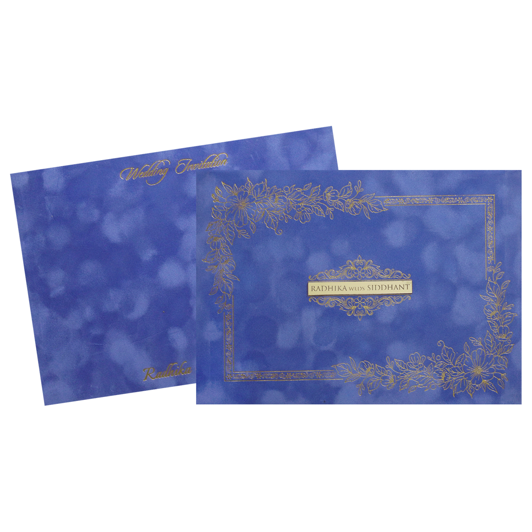 Blue Gold Velvet Floral Padded Classic Wedding Card-KMMWD1132