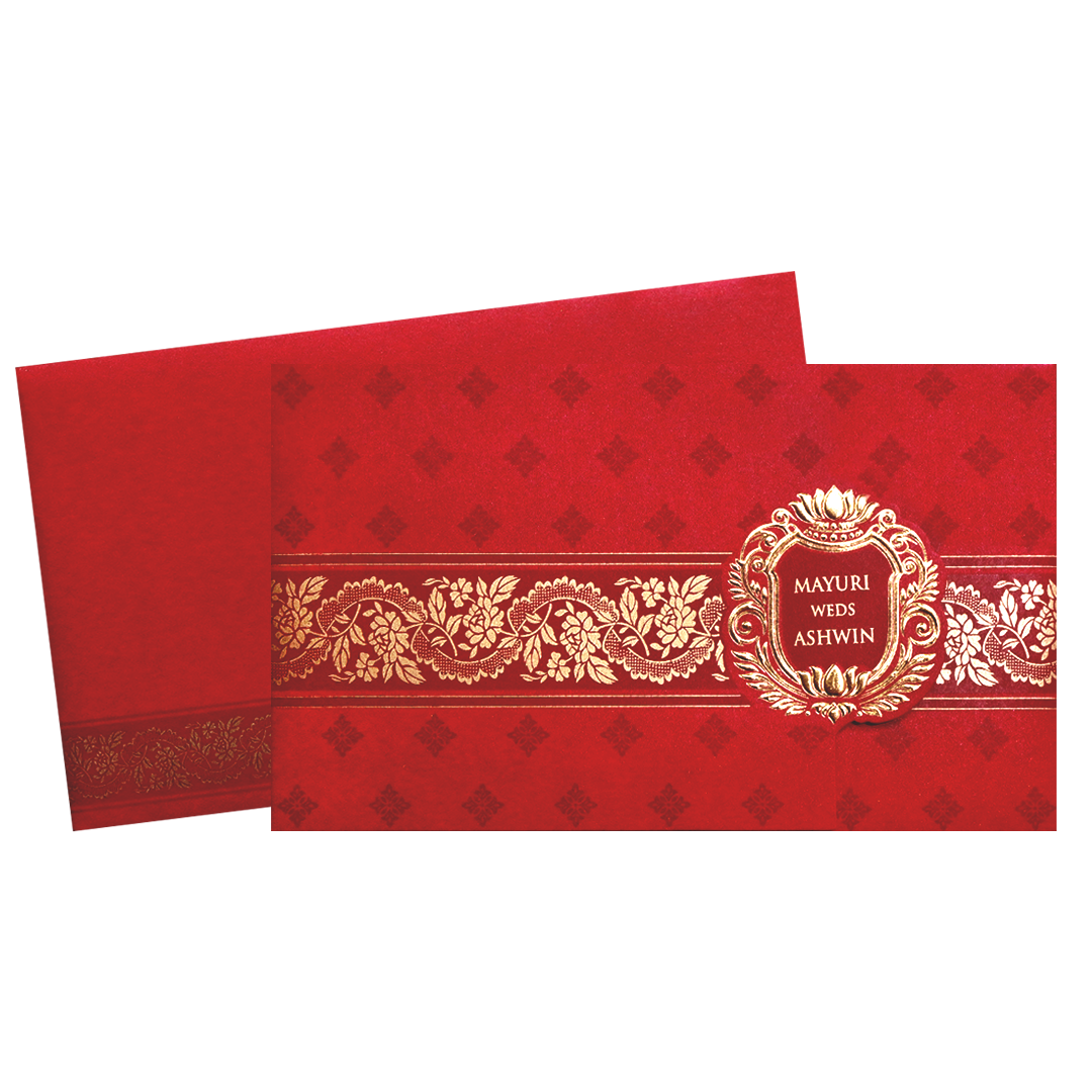 Red Gold Floral Border Wedding Invitation Card-KPR06410