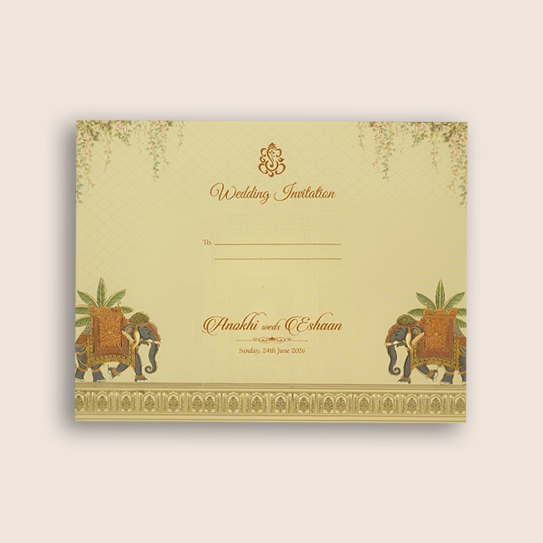 Beige Jharokha Elephant Padded Marriage Card - KJTS3685