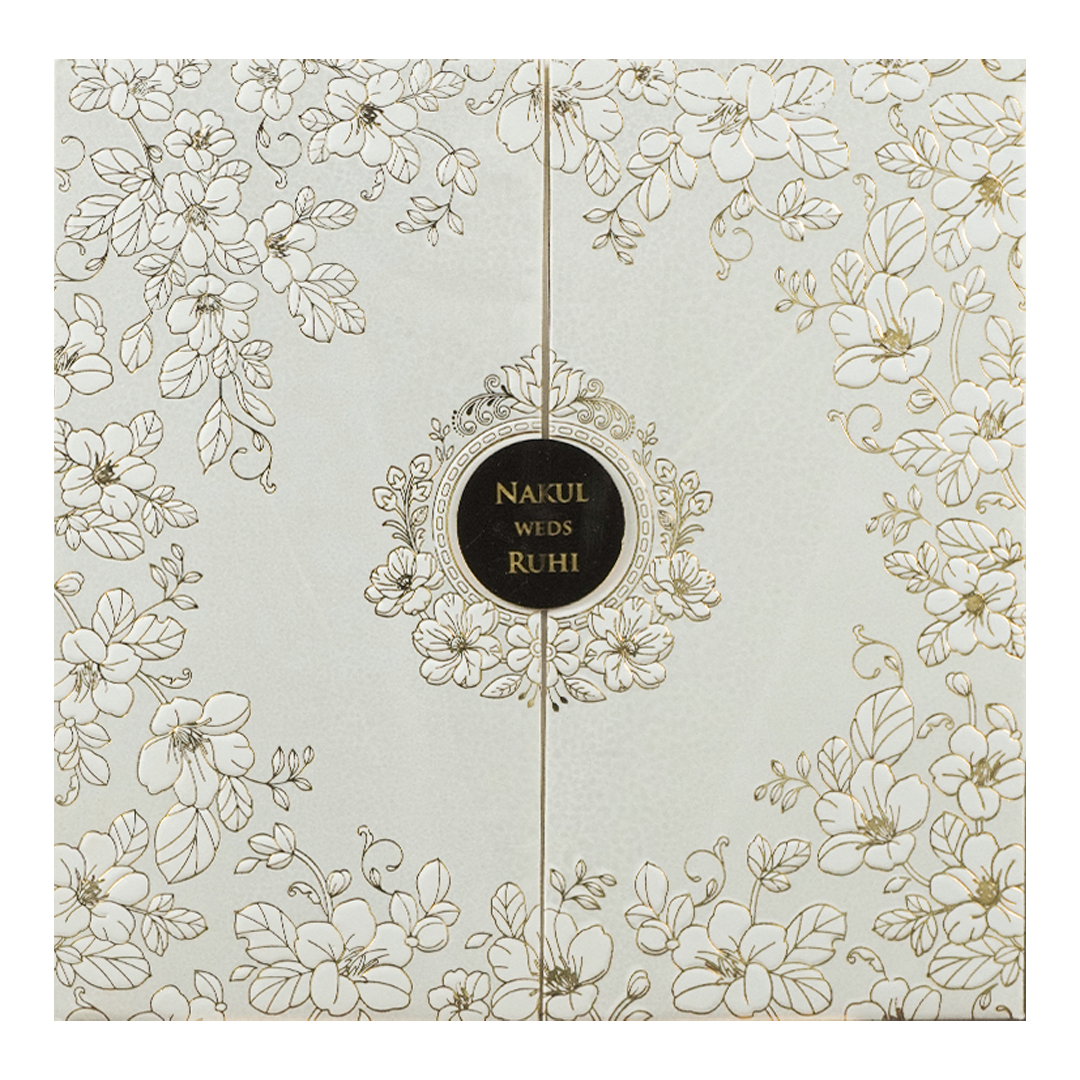 White Floral Gold Circle Padded Wedding Card-KRE28310