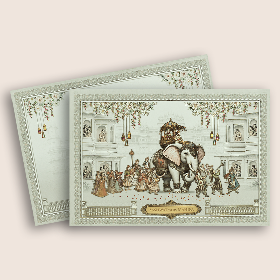 White Royal Baraat Padded Invitation Card - KRE28990