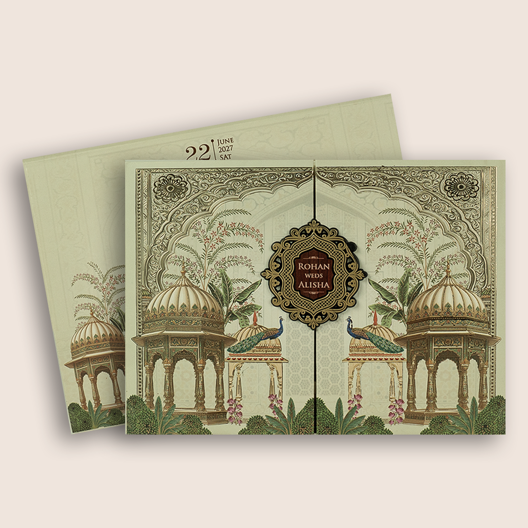 Light Grey Jharokha Door Style Padded Wedding Card - KFR17370