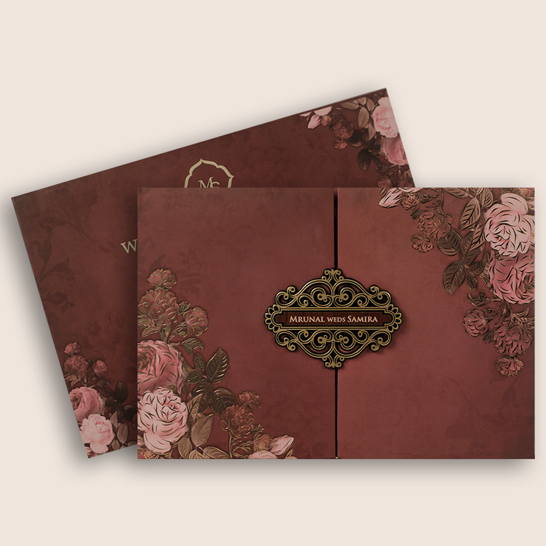 Maroon Floral Padded Door Style Wedding Invitation - KVN07160