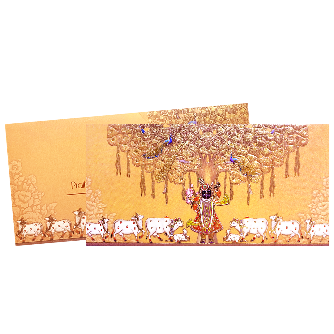 Peach Gold Embossed Shrinathji Wedding Invitation Card-KPR06460