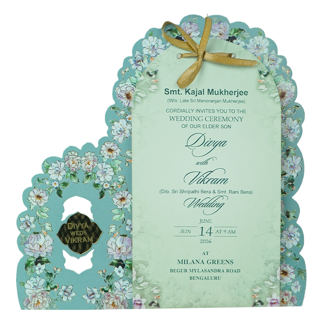 Blue Laser Cut Floral Wedding Card - KNBS3404