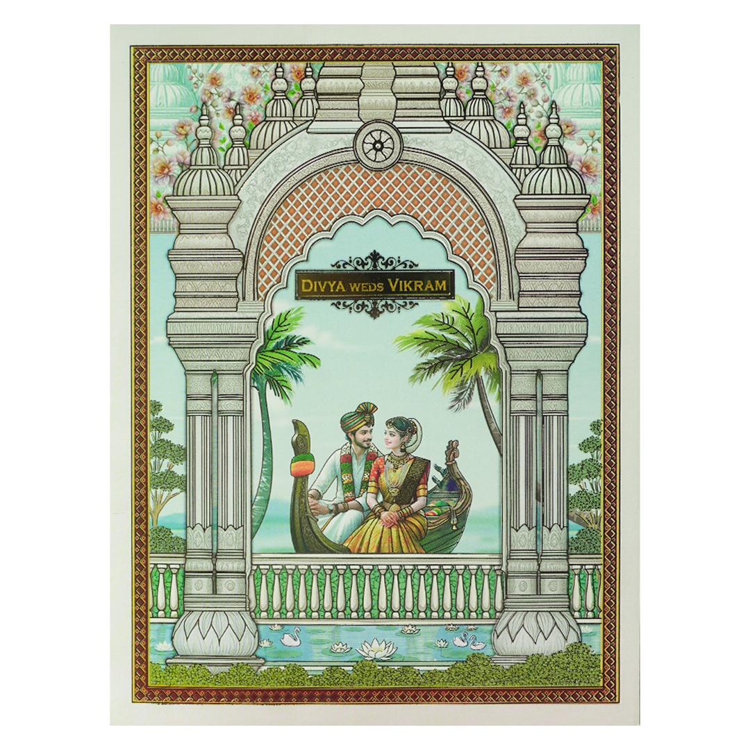 Blue Royal Floral Bride Groom Wedding Card-KNKJ1156