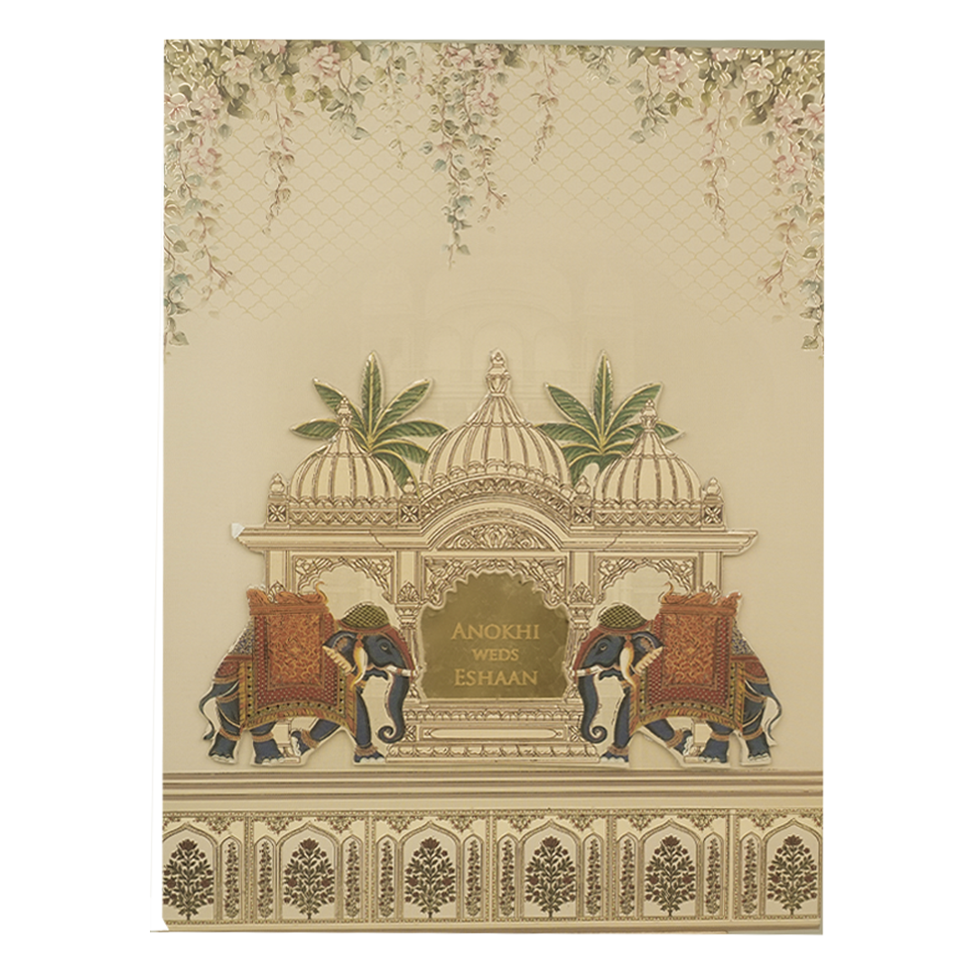 Cream Palace Laser Cut Padded Wedding Card-KJTS3685