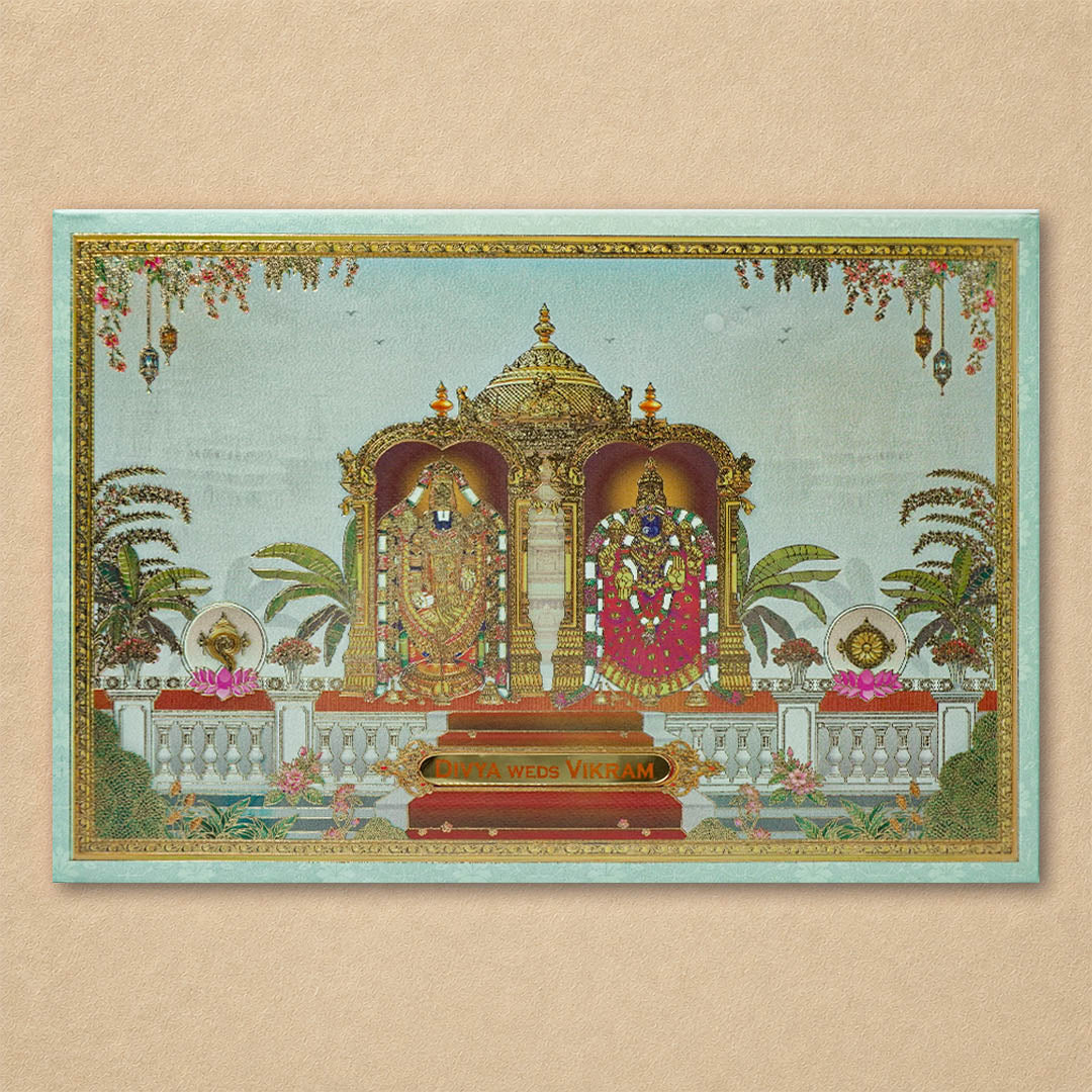 Green Padded Floral God Wedding Card-KNAK4703