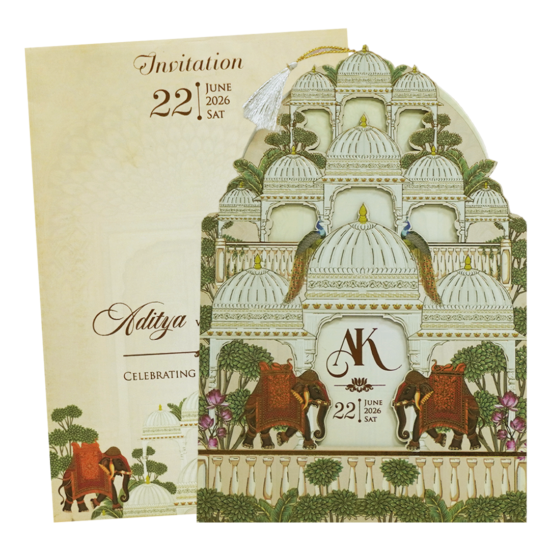 Check out Cream Gold Dome Theme Elephant Wedding Card at best price. ?WhatsApp Support ?Express Delivery.