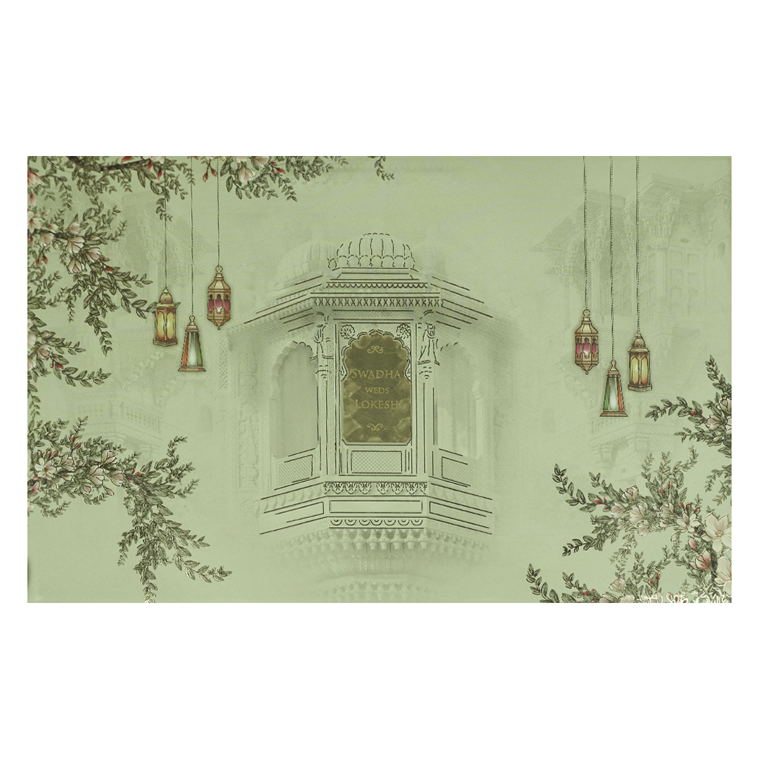 Check out Pista Green Palace Padded Wedding Card at best price.WhatsApp Support|Express Delivery.