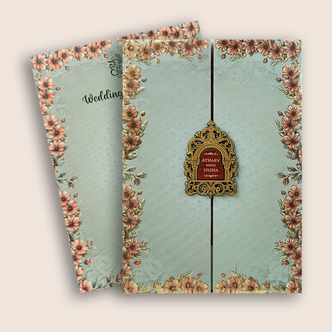 Olive Green Floral Door Style Padded Wedding Card - KVN07770