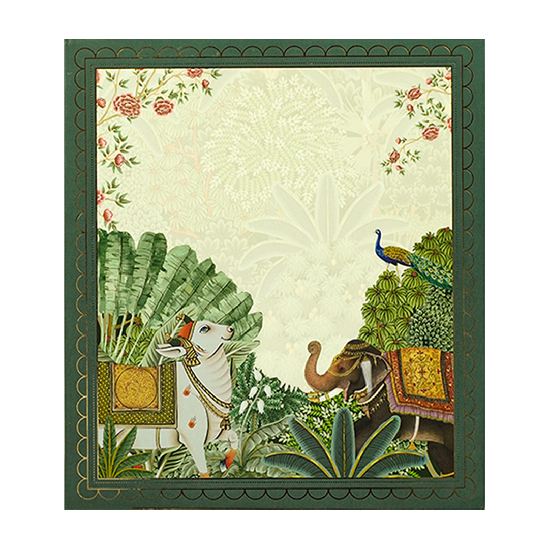Green Elephant Peacock Padded Wedding Card-KBM05250