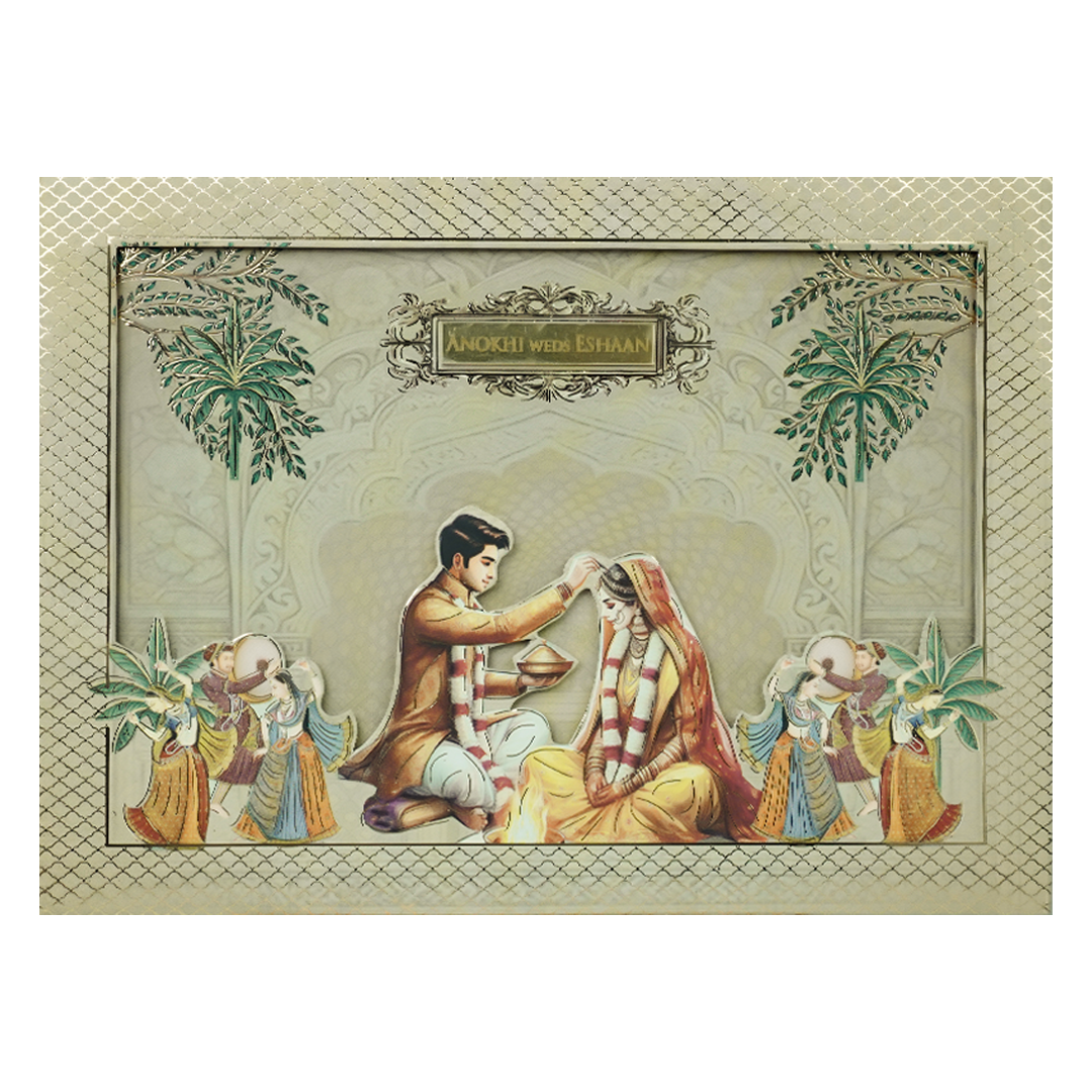 Gold Traditional Laser Cut Padded Wedding Card-KJTS3688