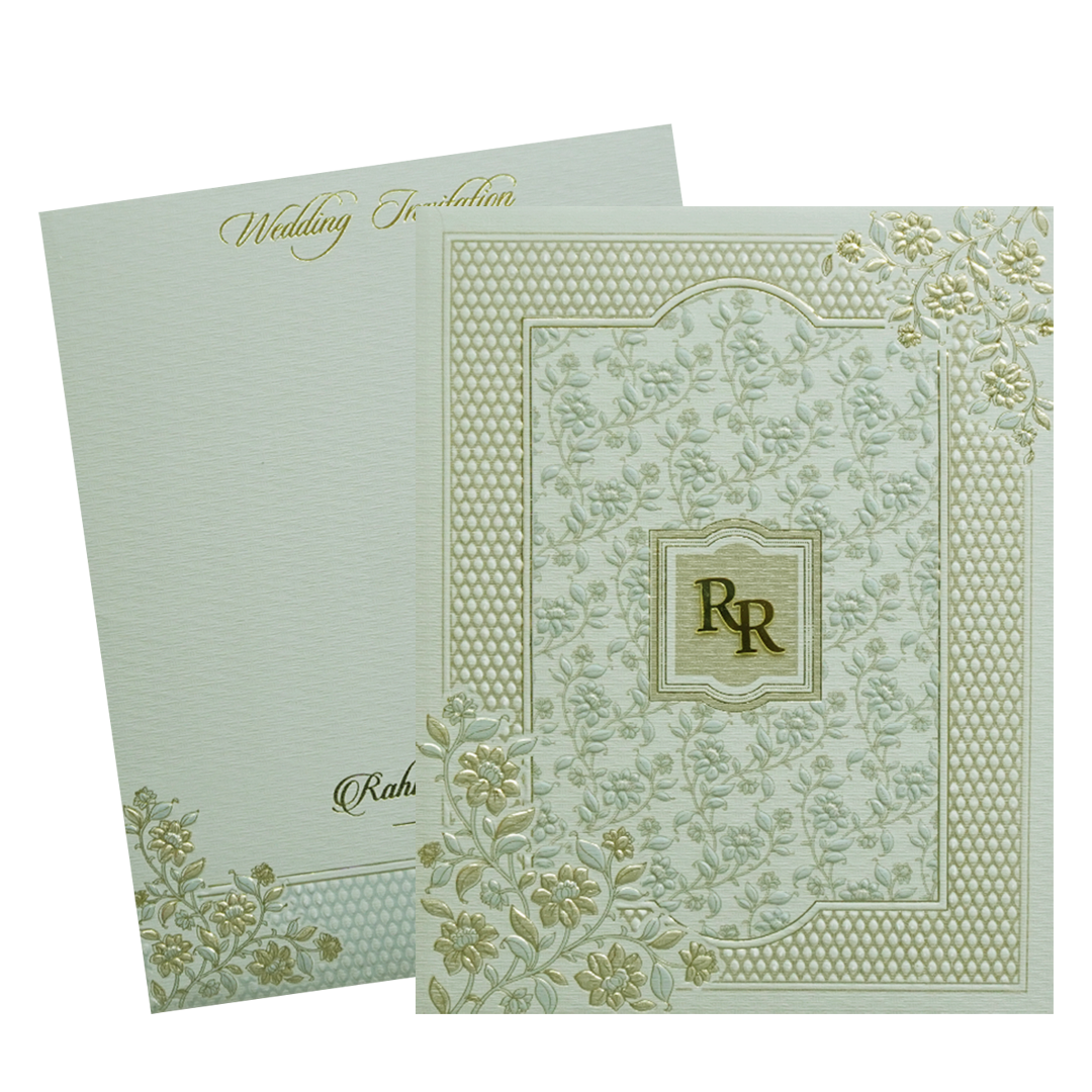 Beige Grey Floral Embossed Classic Wedding Card - KMMWD1109