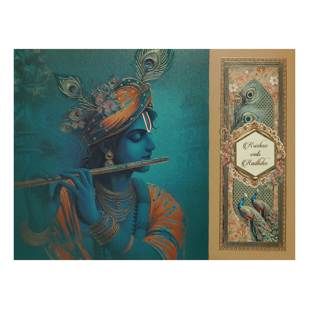 Blue Lord Krishna Peacock Wedding Card-KAK01190