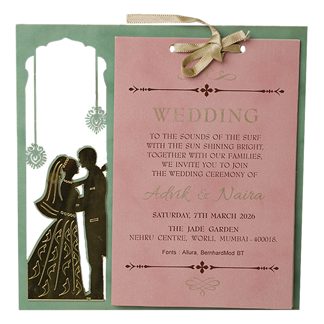 Green Bride Groom Laser-Cut Wedding Card-KRC31570