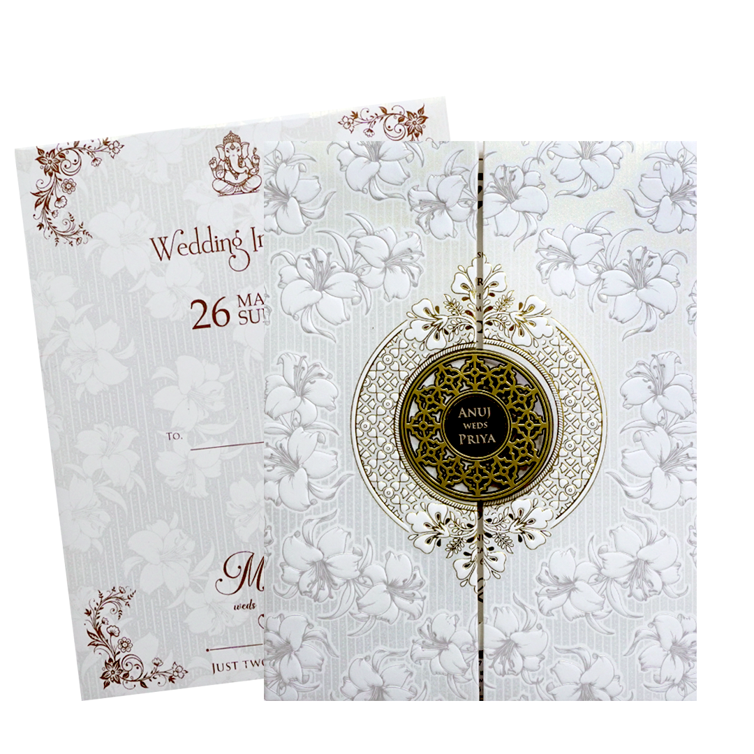White Floral Padded Wedding Card - KSH73540