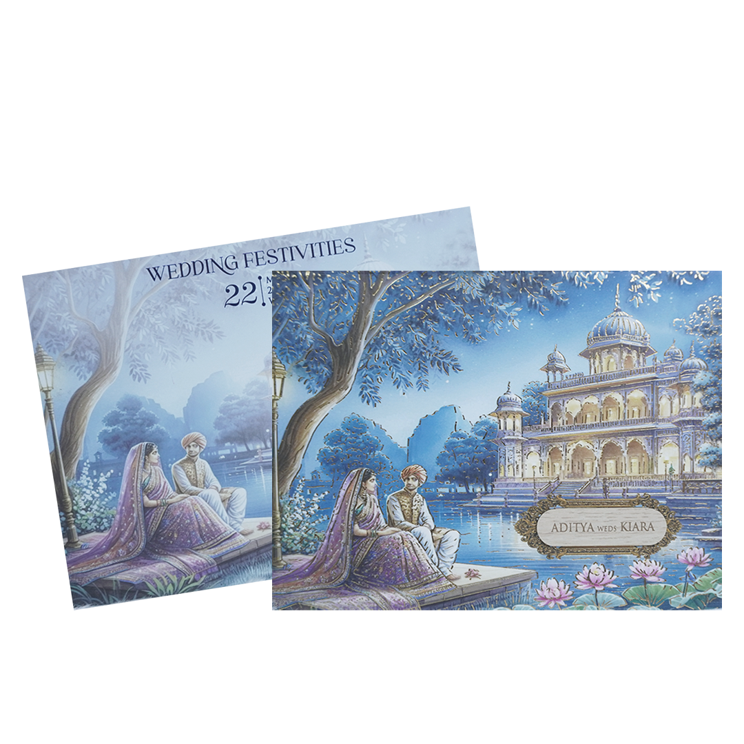 Blue Palace Couple Theme Wedding Card - KFR16290