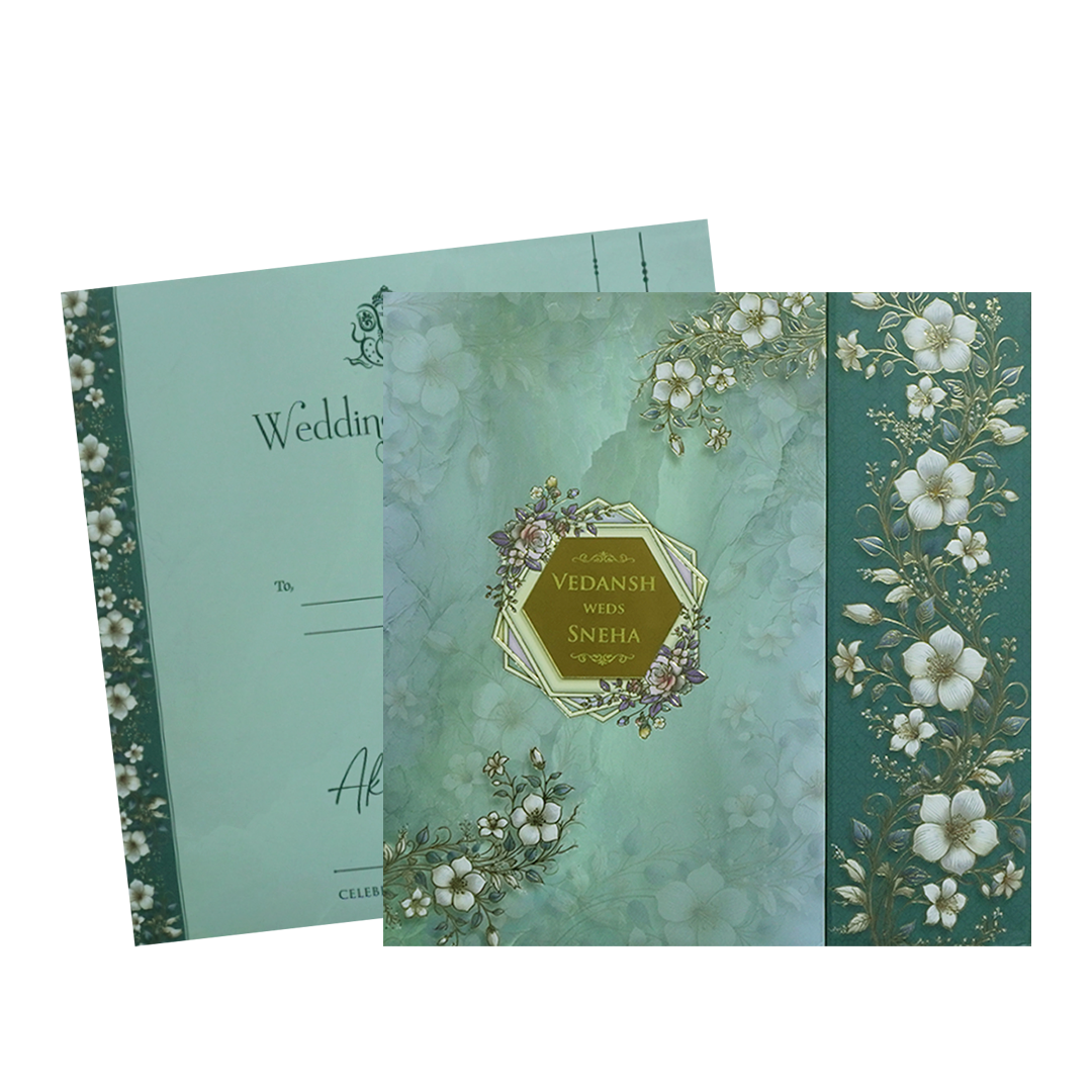 Blue Floral Padded Wedding Card - KSH72840