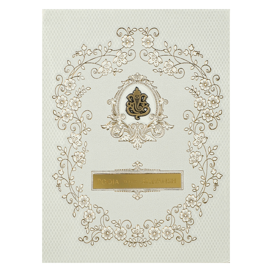 White Ganesha Floral Border Padded Wedding Card-KRE26410