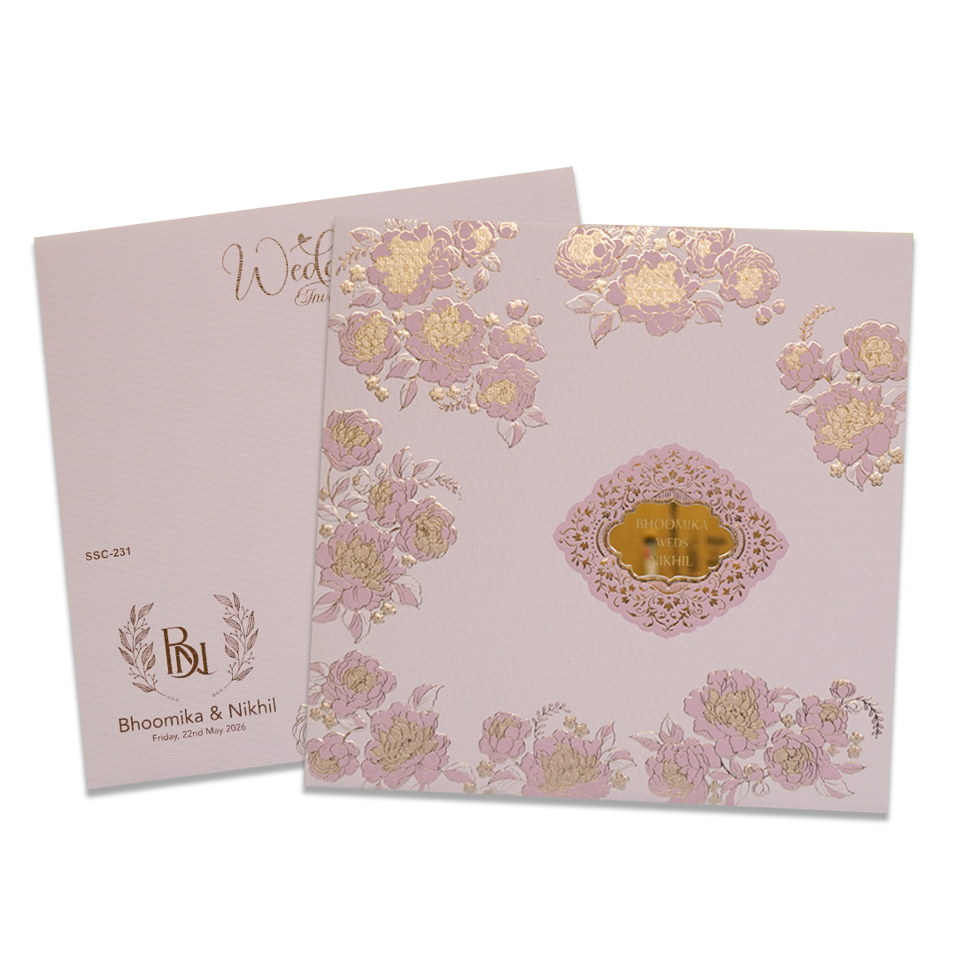 Pink Floral Gold Padded Wedding Card - KSSC2310