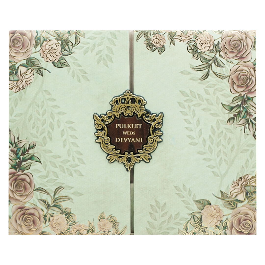 Green Floral Gold Padded Wedding Card-KJTS1770