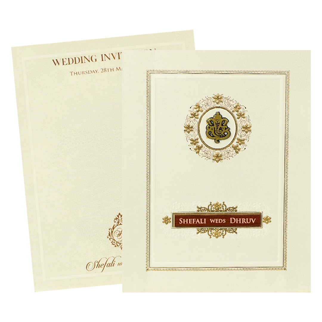 White Embossed Ganesha Wedding card-KRE28470