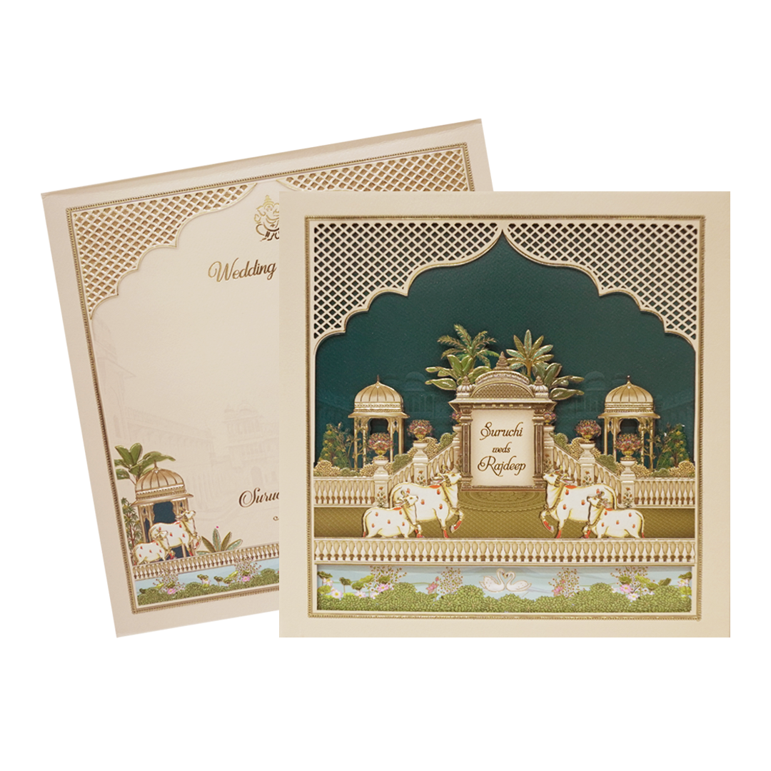 Palace Cream & Blue Padded Wedding Card-KMMEX8070