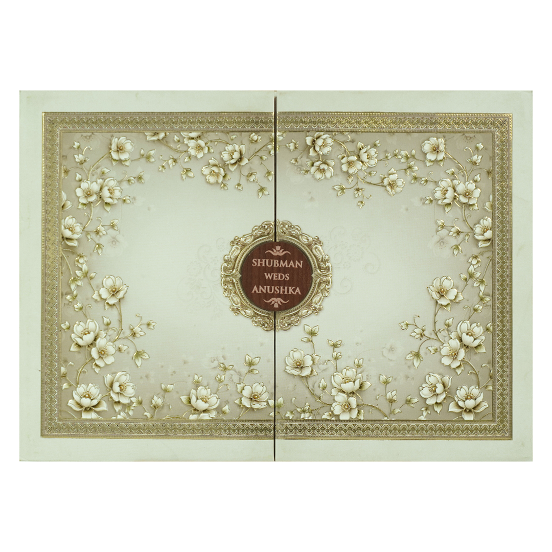 Grey Gold Floral Gatefold Padded Wedding Card-KRB09250