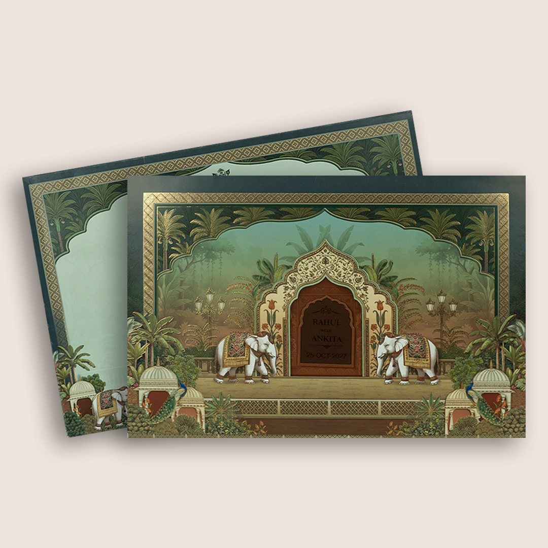 Green Royal Elephant Jharokha Wedding Invitation - KSH19000