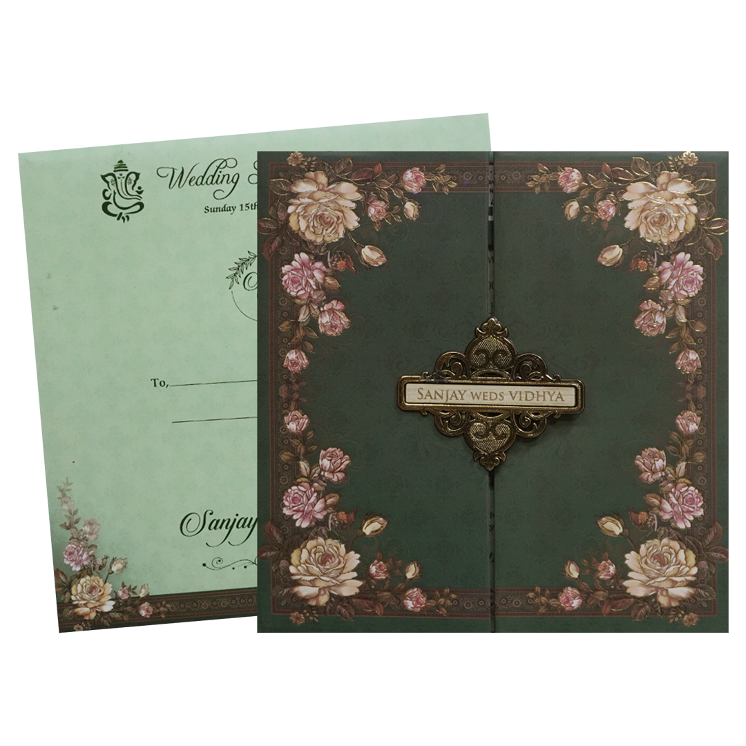 Green Floral Padded Wedding Card - KSH72780